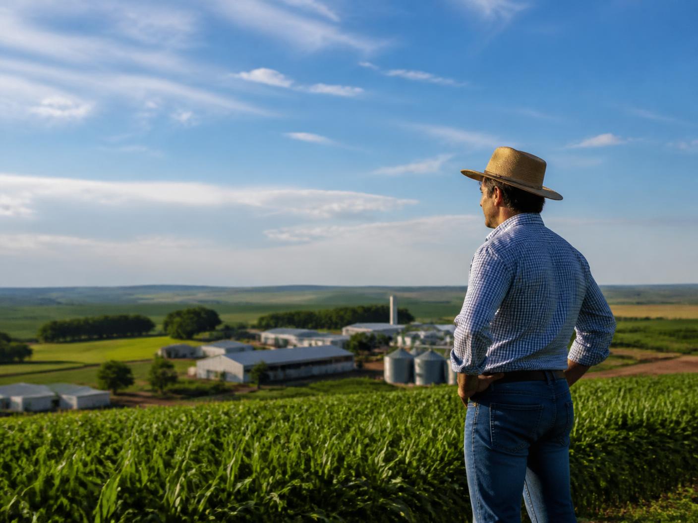 Produtor observando sua fazenda e o patrimônio construído